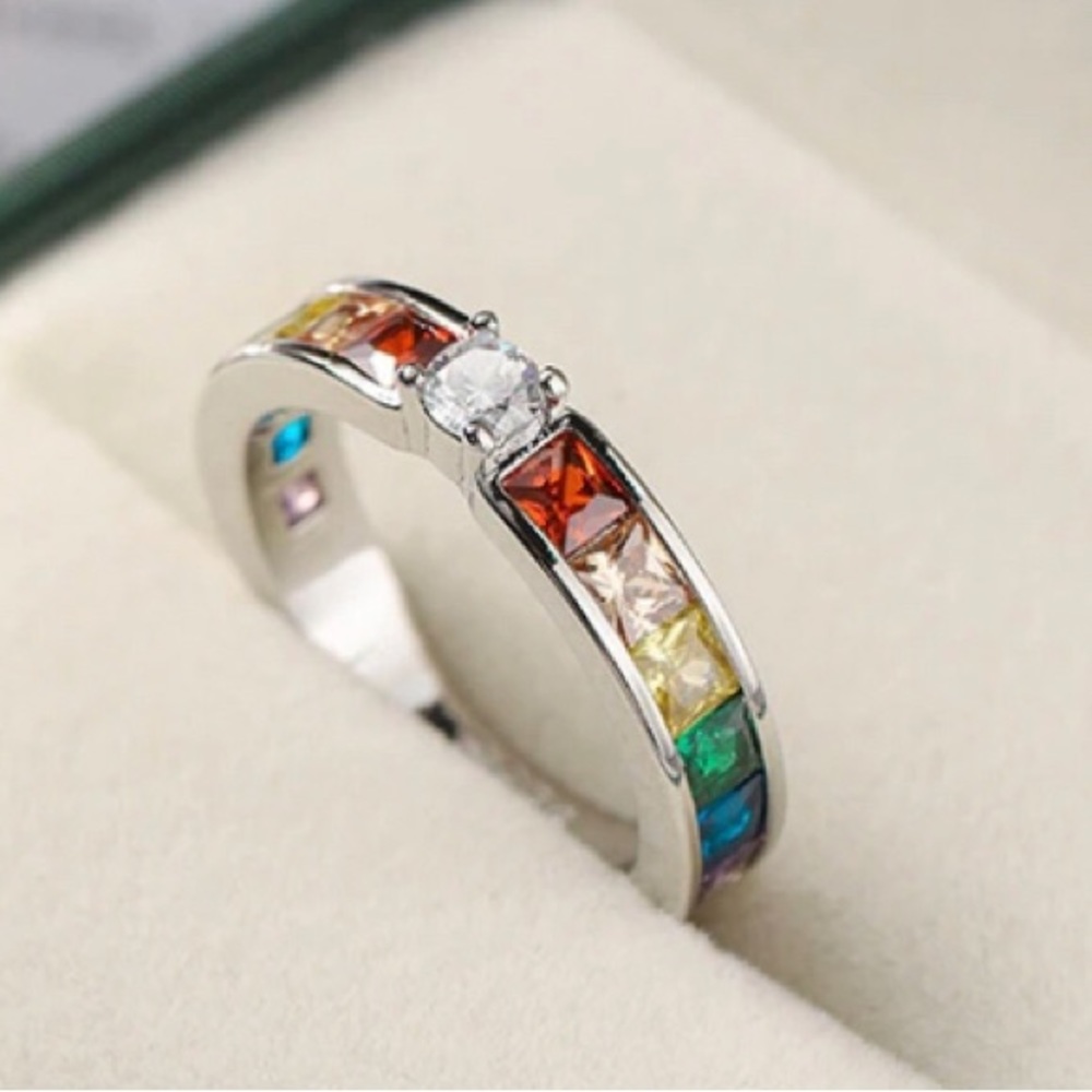 Clearance! NEW 925 COLORFUL RAINBOW SQUARE GEM BAGUETTE STONE RING - Picture 5 of 5